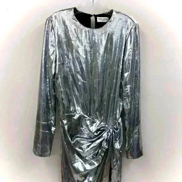 Saint Laurent Womens Silver Draped Waist Faux Wrap Metallic Silk Dress FR 40 - Picture 6 of 16